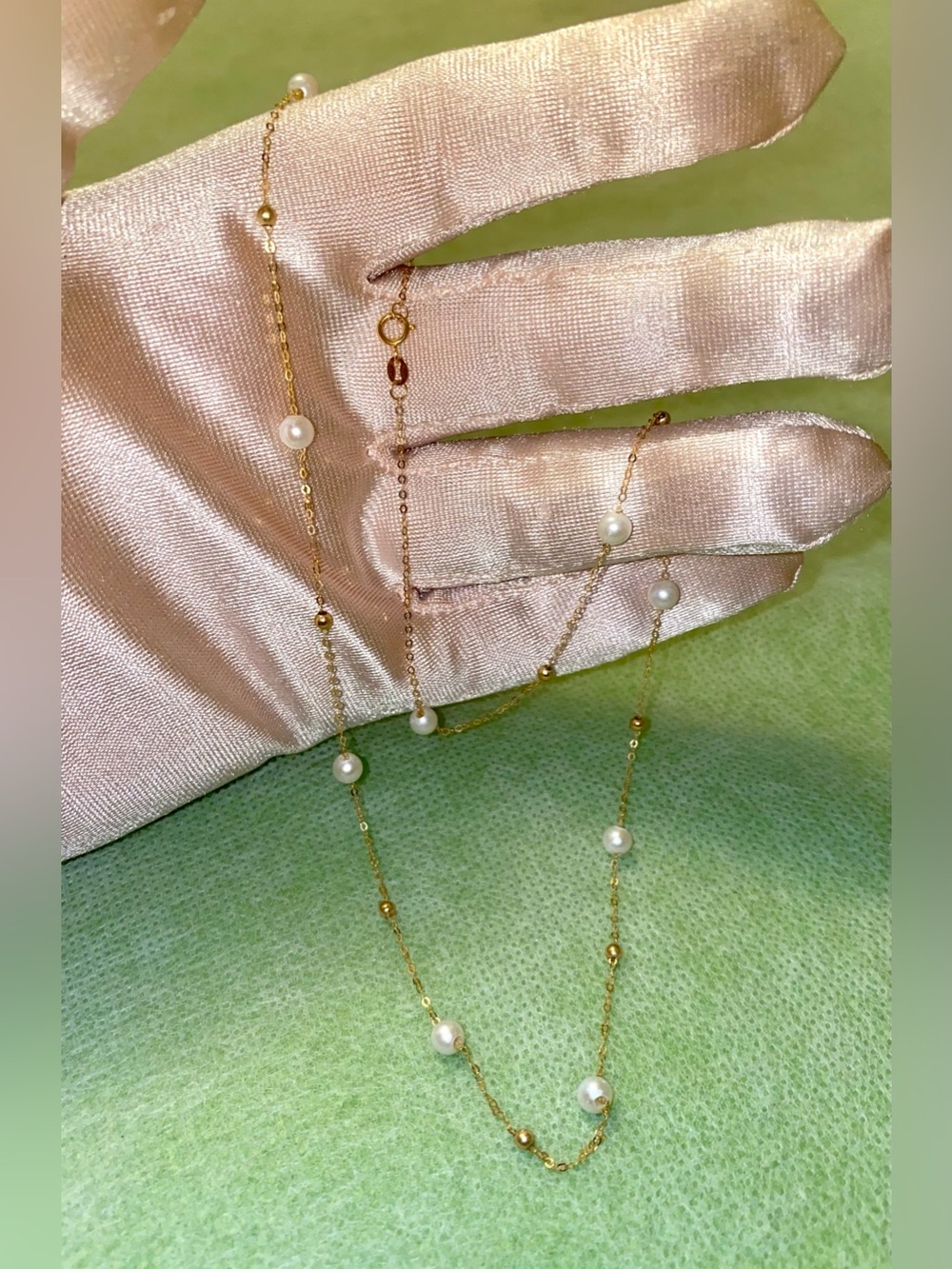Delicate 18 K Real Gold Pearl Station Necklace